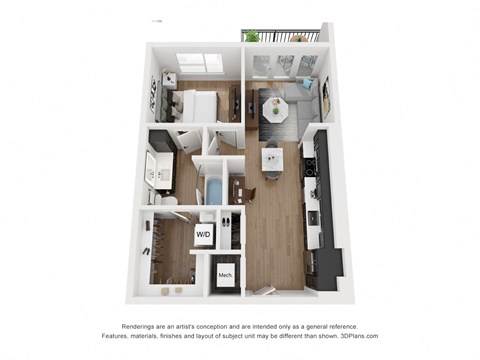 Floor plan for 1 bed, 1 bath, 638 sqft
